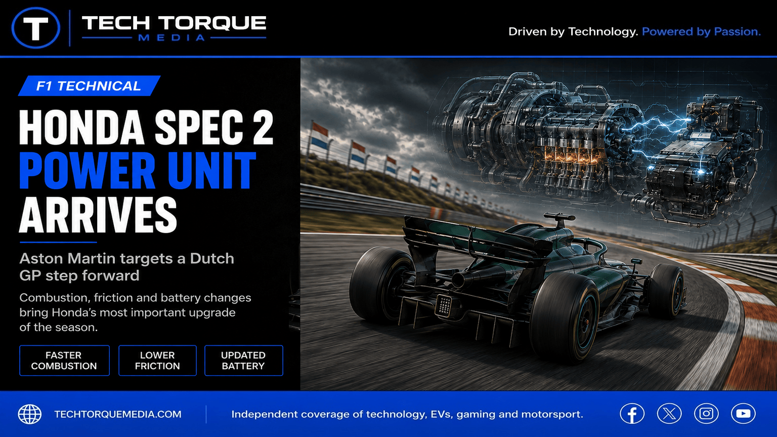 Dark-green 2026-generation Formula 1 car beneath a technical illustration of Honda’s upgraded power unit.