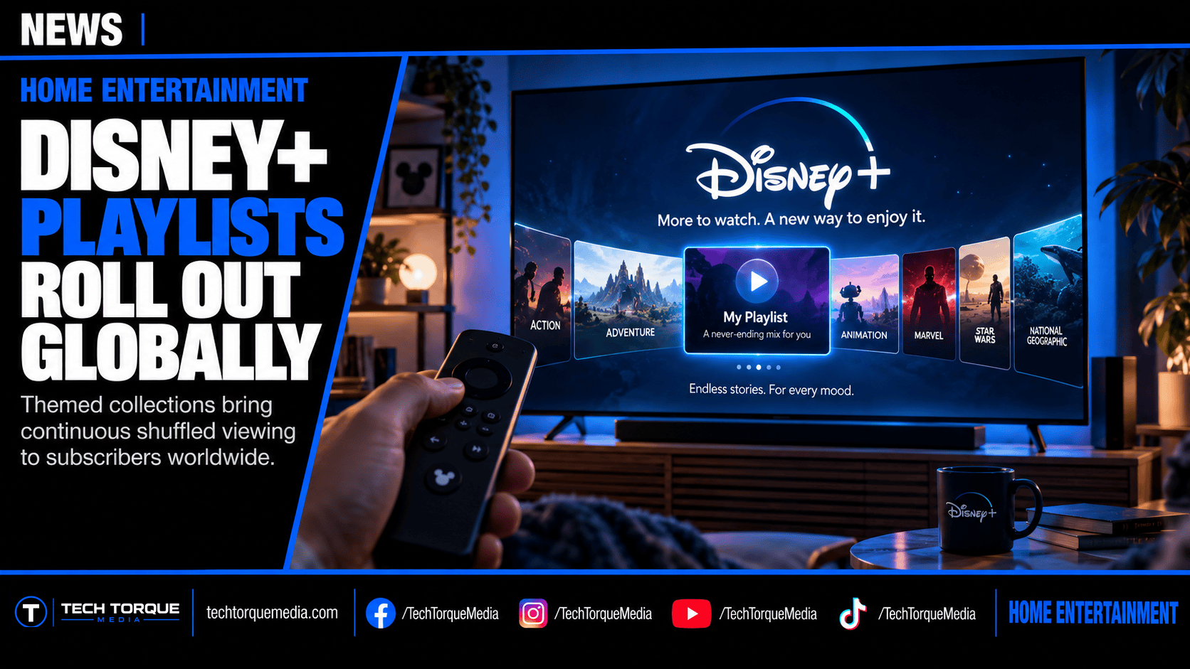 Disney+ Playlists global rollout shown on a TV in a home entertainment setup