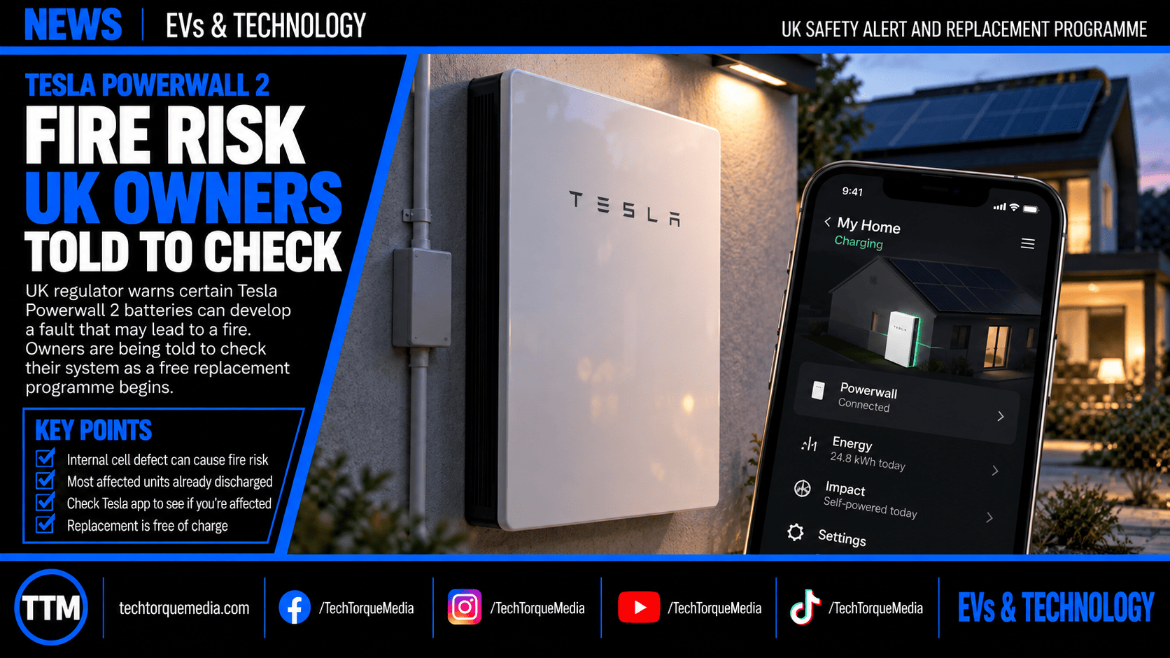 Tesla Powerwall 2 home battery beside a smartphone showing the Tesla app, illustrating the UK fire-risk replacement programme.