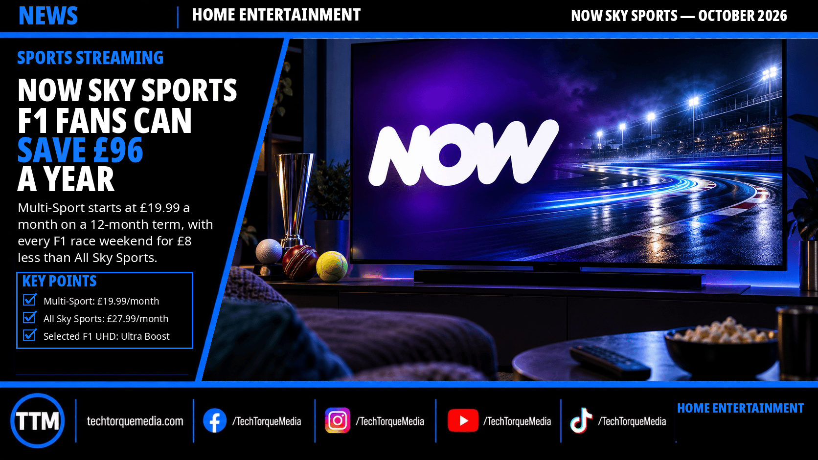 Tech Torque Media graphic about NOW Multi-Sport, showing the £19.99 monthly F1 package and a television with an illustrative floodlit racetrack.
