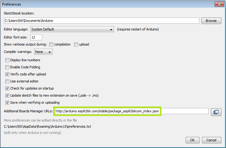 Preferences menu with the ESP8266 platform link.