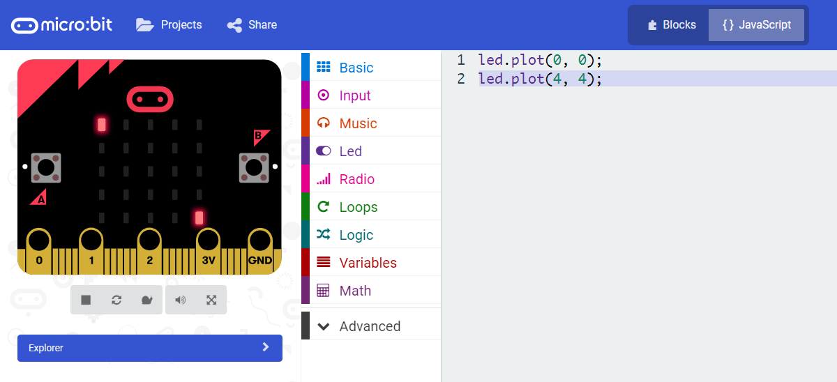 Microbit JavaScript Blocks Editor Turning LEDs on and off
