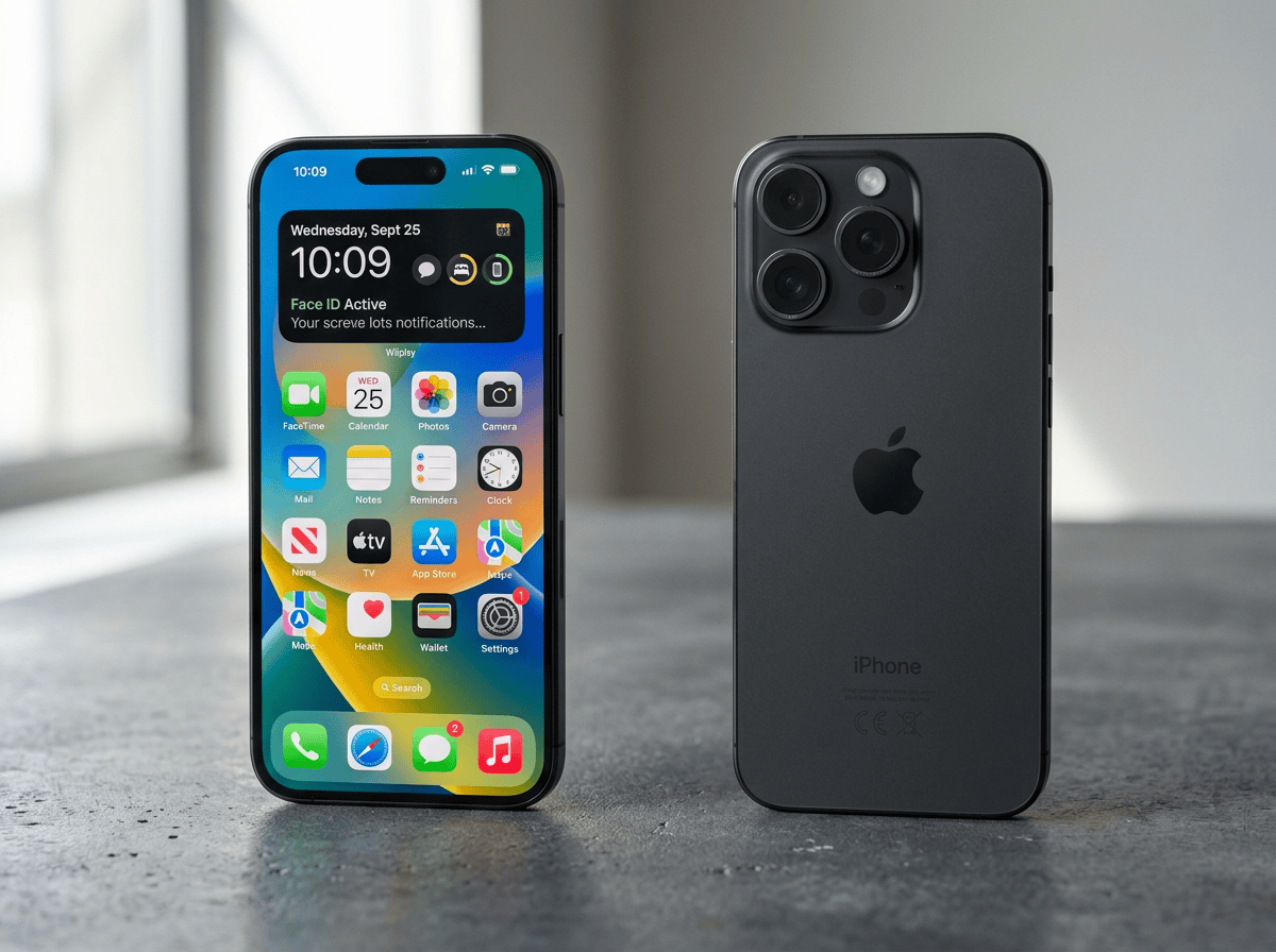 iPhone 15 Pro showing front screen with apps and back with triple camera setup