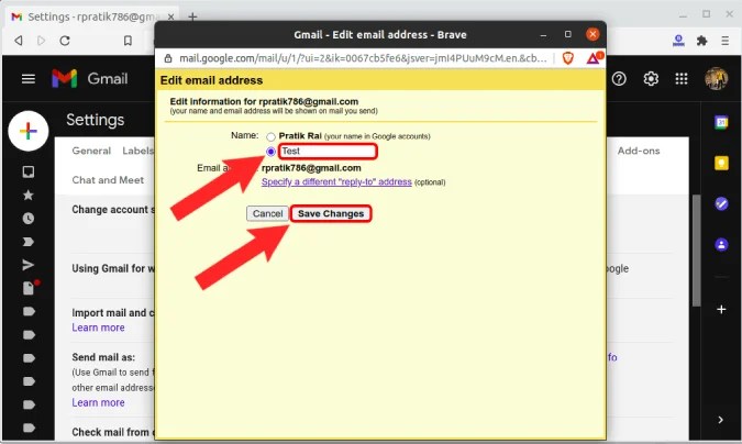 изменить имя Gmail и сохранить изменения