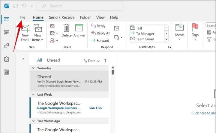 Outlook File Menu on Windows
