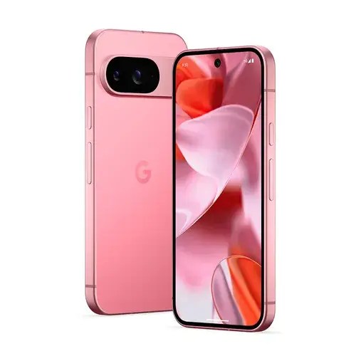 A Google Pixel 9 Pro smartphone in Rose Quartz color, positioned upright against a clean white background. The phone’s 6.3-inch Super Actua OLED display is visible, showing a vibrant home screen. The redesigned pill-shaped camera module on the back features a triple-lens system, with the polished aluminum frame and Gorilla Glass Victus 2 reflecting light subtly.