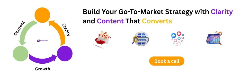 Promotional banner showing a circular flow diagram labeled Content, Clarity, and Growth, alongside text inviting viewers to build their go-to-market strategy with clarity and content that converts.