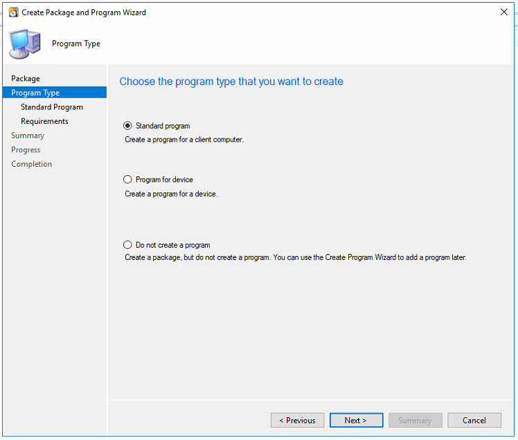SCCM Program Create a standard program A screenshot of the “create package and program wizard” in a Windows software interface, showing options to choose a standard program or create a program for a device.