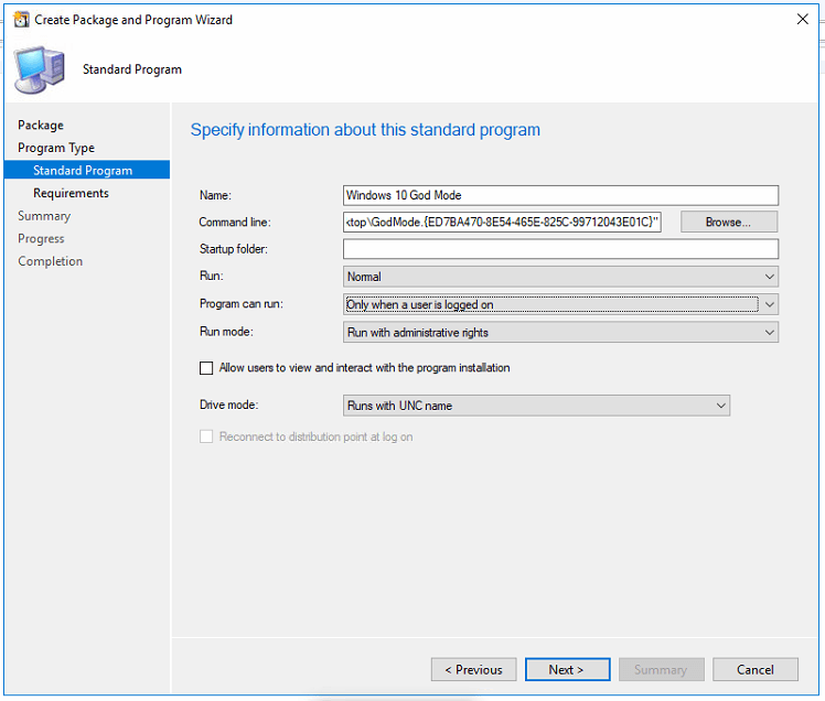 SCCM Standard Program Command Line Screenshot of "create package and program wizard" window with fields for name, command line, and program options, focused on setting up a standard program in Windows God Mode.