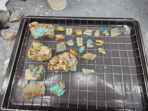Turquoise rough and cut pieces after stabilization at Tecolote Visions