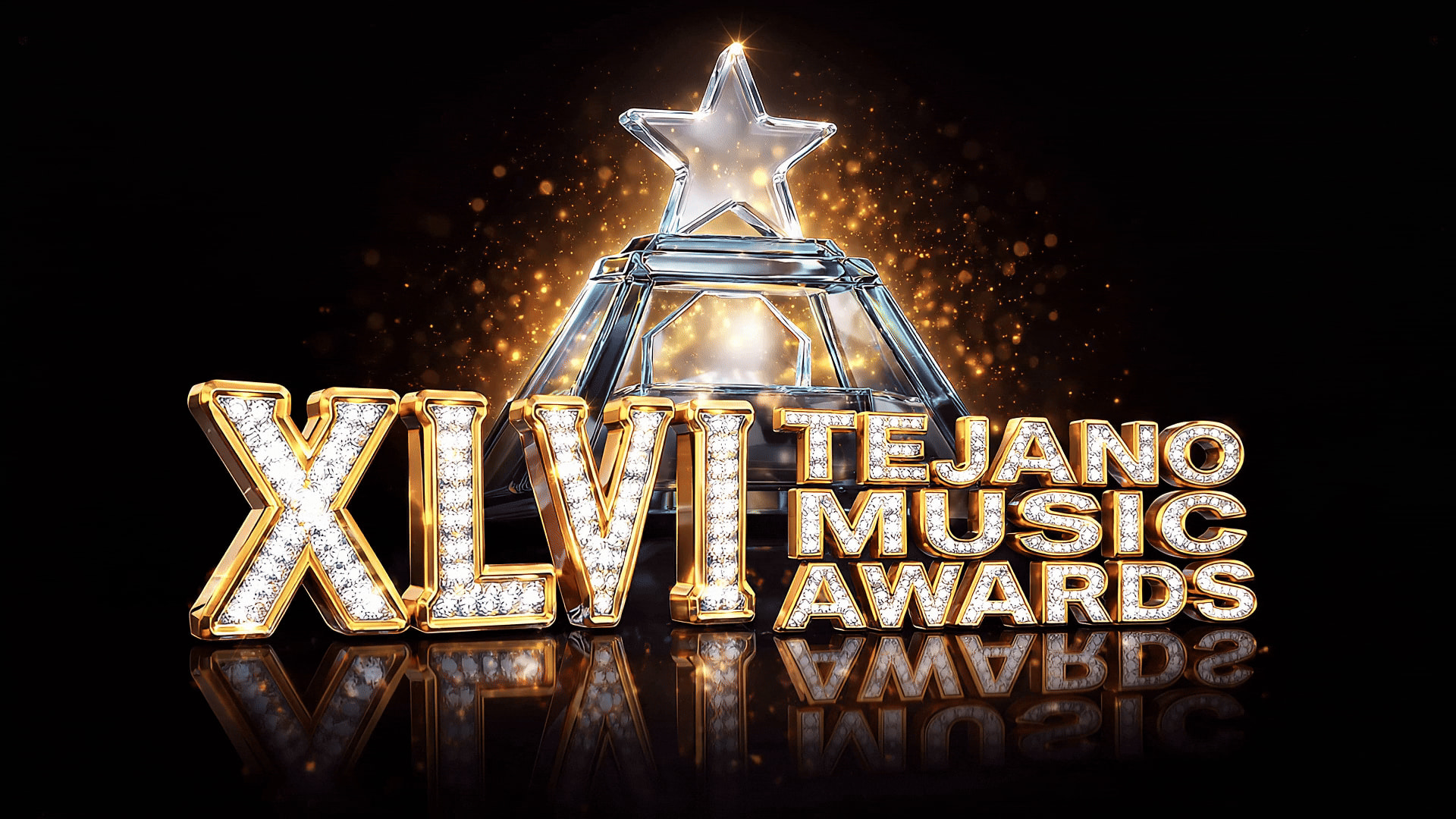 Logo for the XLVI Tejano Music Awards featuring a decorative text style with sparkling elements and a star on a trophy background.
