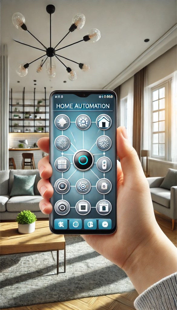 image montrant une interface de contrôle domotique réaliste sur un smartphone, avec un fond représentant un salon moderne bien éclairé et des appareils domotiques visibles.