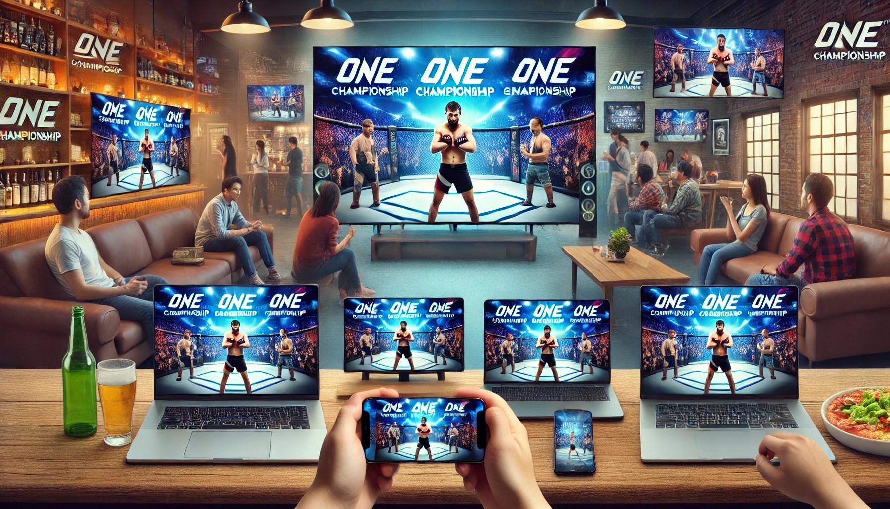 An image showcasing various options to watch ONE Championship events. The scene includes multiple devices like a smart TV, laptop, smartphone, and tab