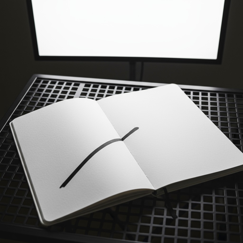 An open notebook with blank pages on a desk illuminated by an overhead light.