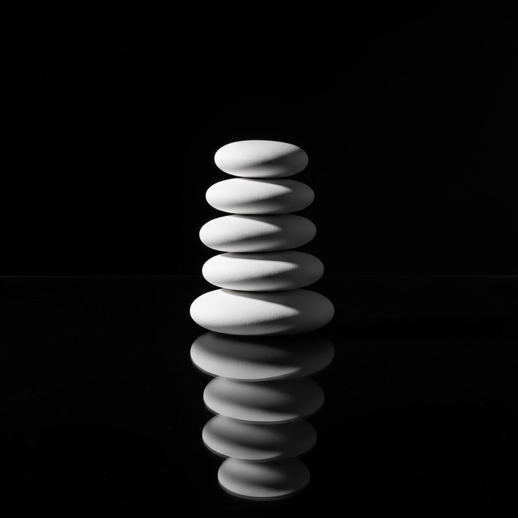 Multiple white stones in a stack with reflections on a black background.