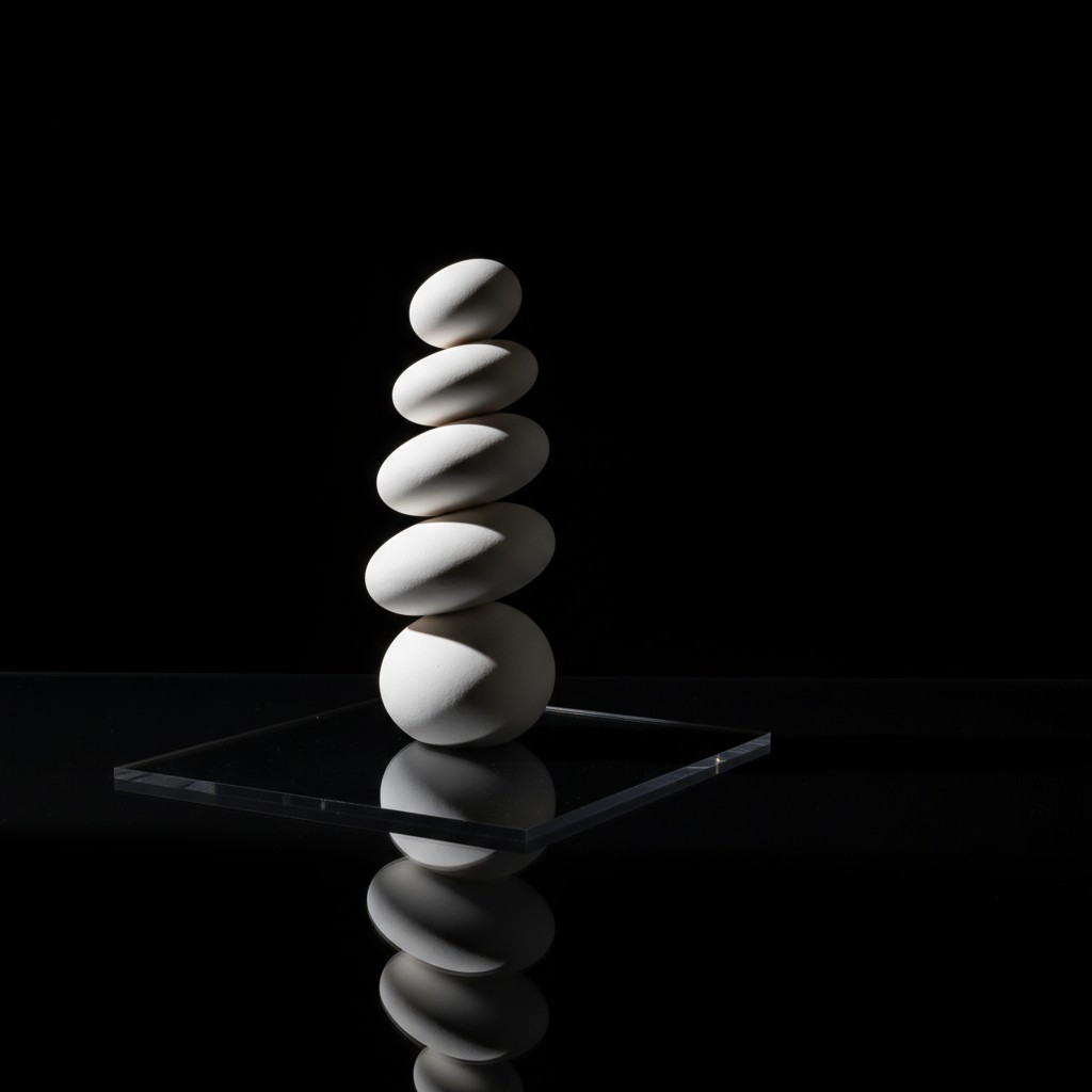 a tall stack of white eggs sitting on a glass table below a black background.