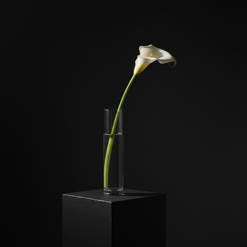 The white calla lily in water, set against a black background.