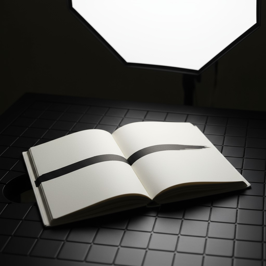 "An open book on a black tiled floor in a dark room, spotted spouting the light behind it."