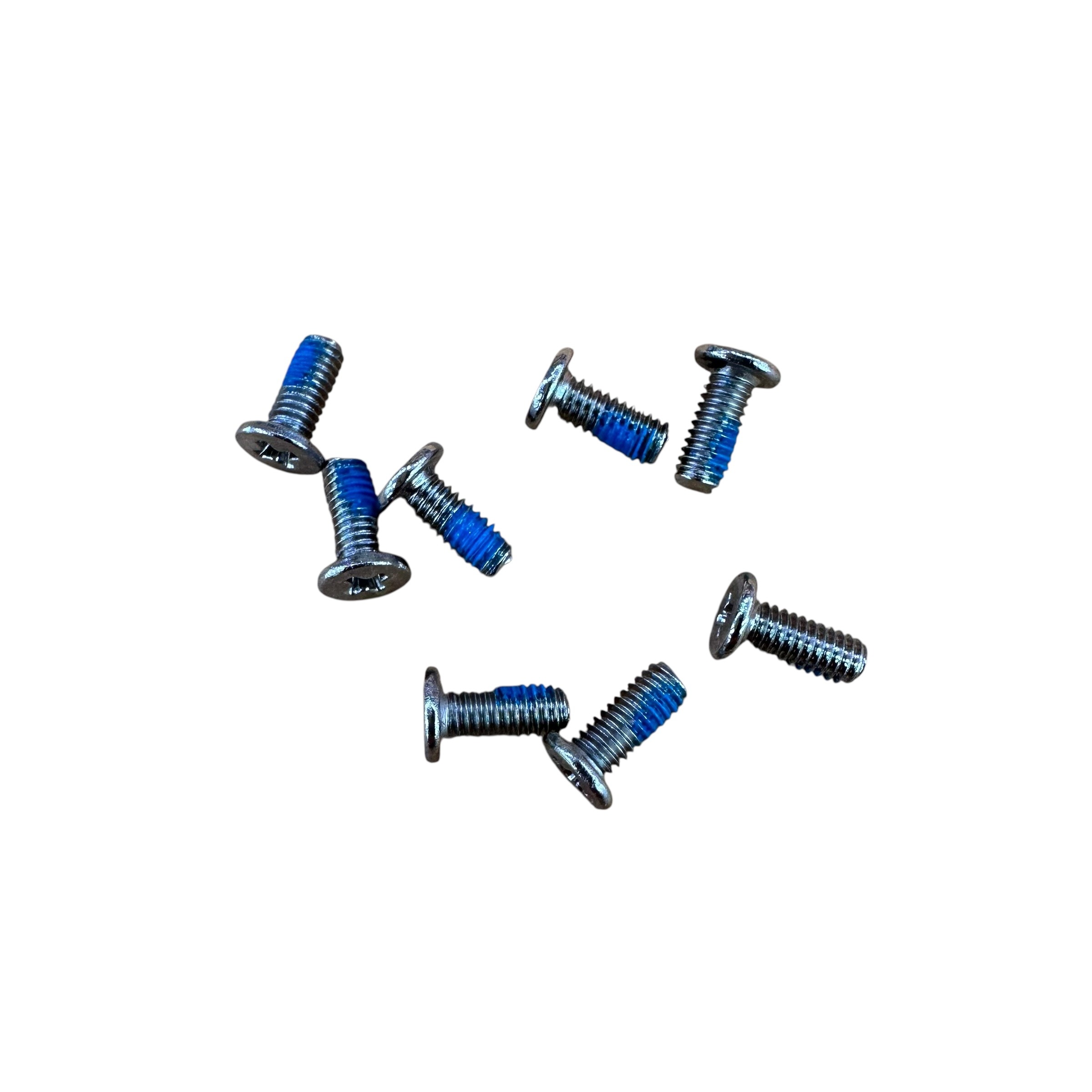A set of silver external replacement screws for an HP Stream 14-ax020nr laptop, featuring Phillips heads and blue thread-locking compound for a secure case assembly.