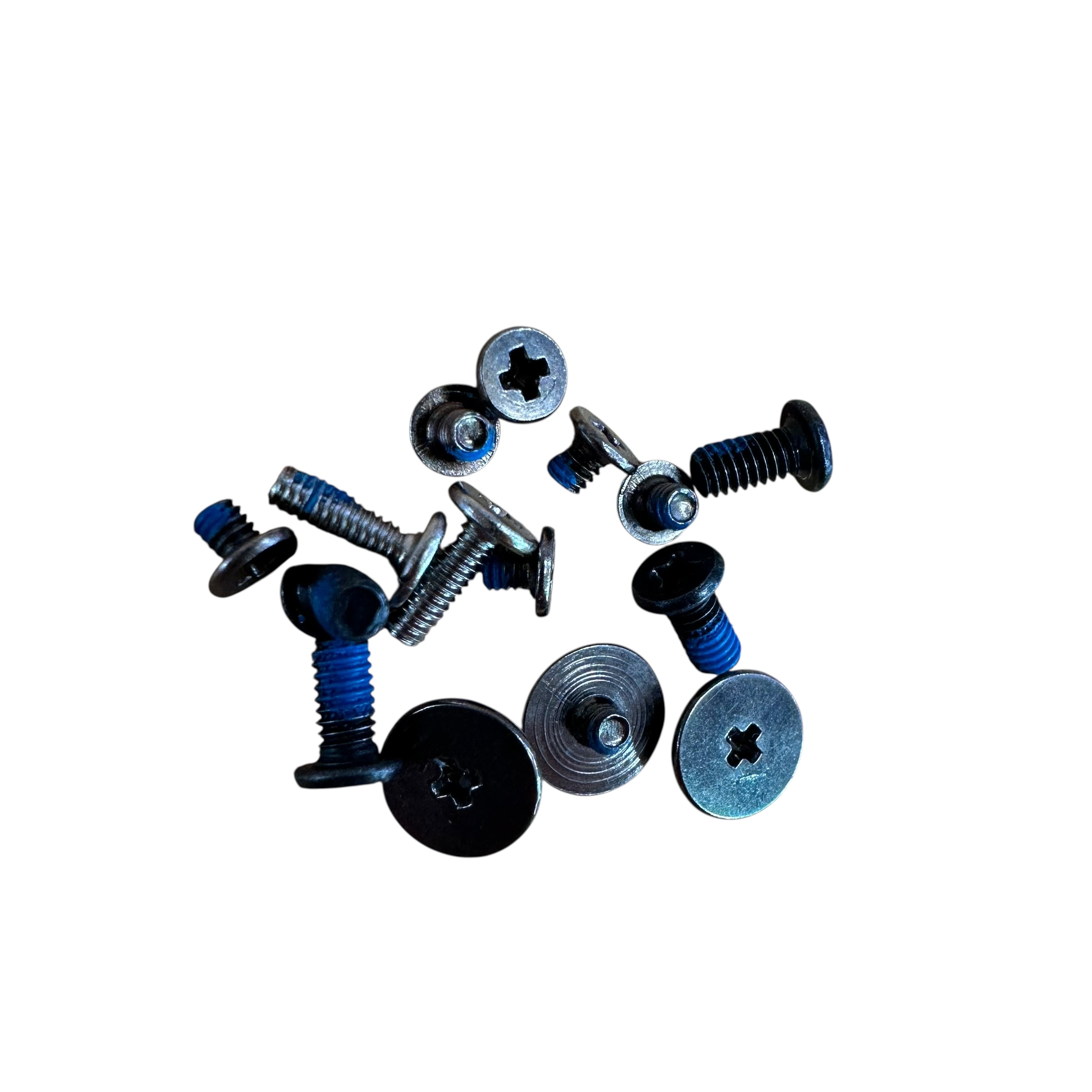 A collection of various small internal replacement screws for an HP Stream 14-ax020nr laptop, featuring different lengths and thread types with blue thread-locking compound applied.