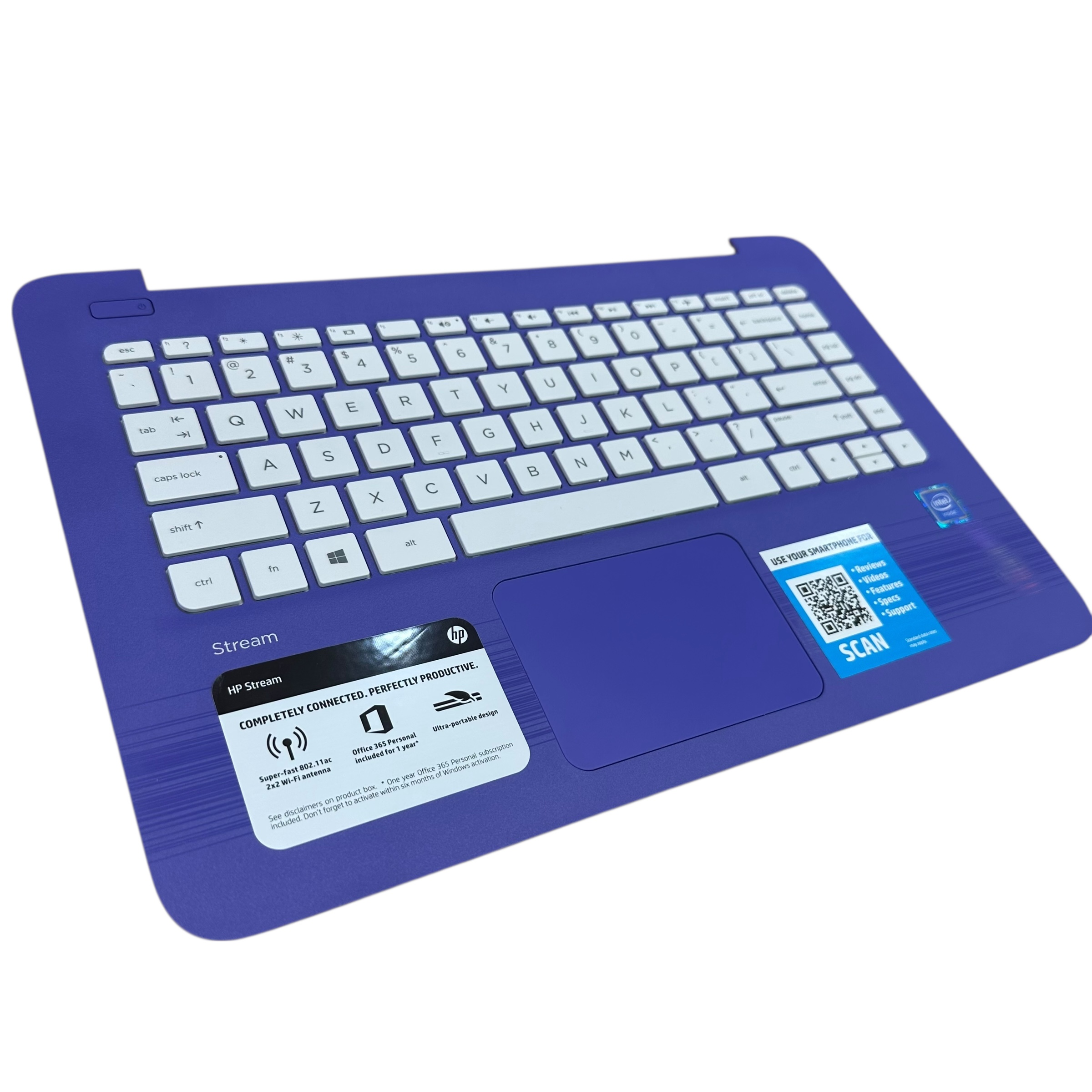 Top view of a replacement purple palmrest and top case assembly for an HP Stream 14-ax020nr laptop, including an integrated white keyboard and blue trackpad.