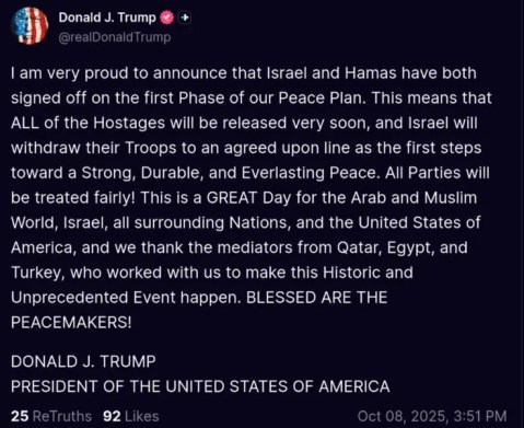 World leaders hopeful after Trump announces Israel-Hamas peace deal phase one 