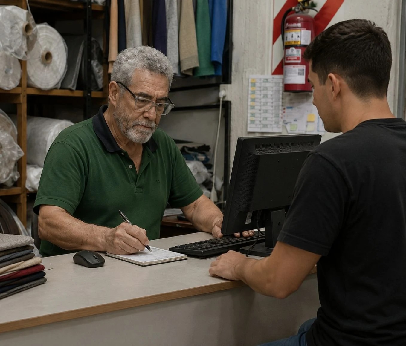 Asesor de Telas Oñate atendiendo a un cliente