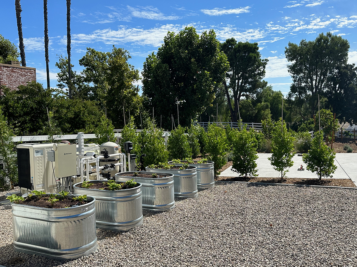 Shot of raised metal planters in gravel.