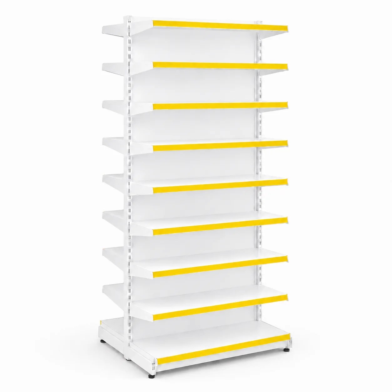 Gôndola de Aço Central para Farmácia com 18 Prateleiras – Branco/Amarelo | TEMPERCOM