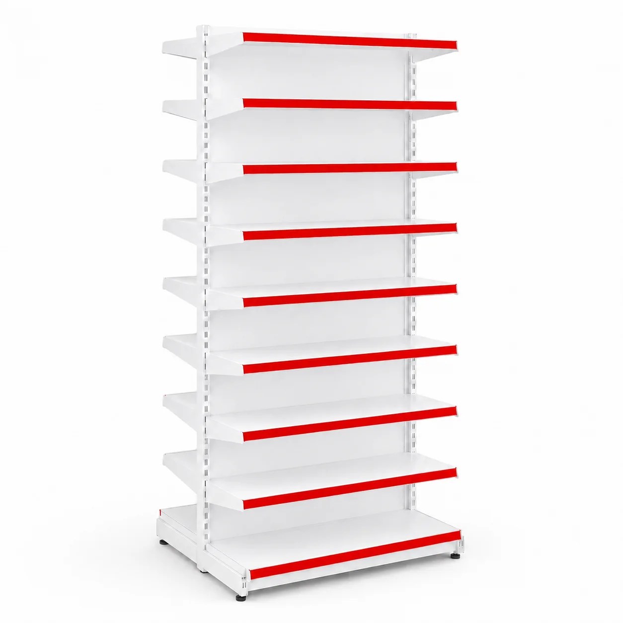 Gôndola de Aço Central para Farmácia com 18 Prateleiras – Branco/Vermelho | TEMPERCOM
