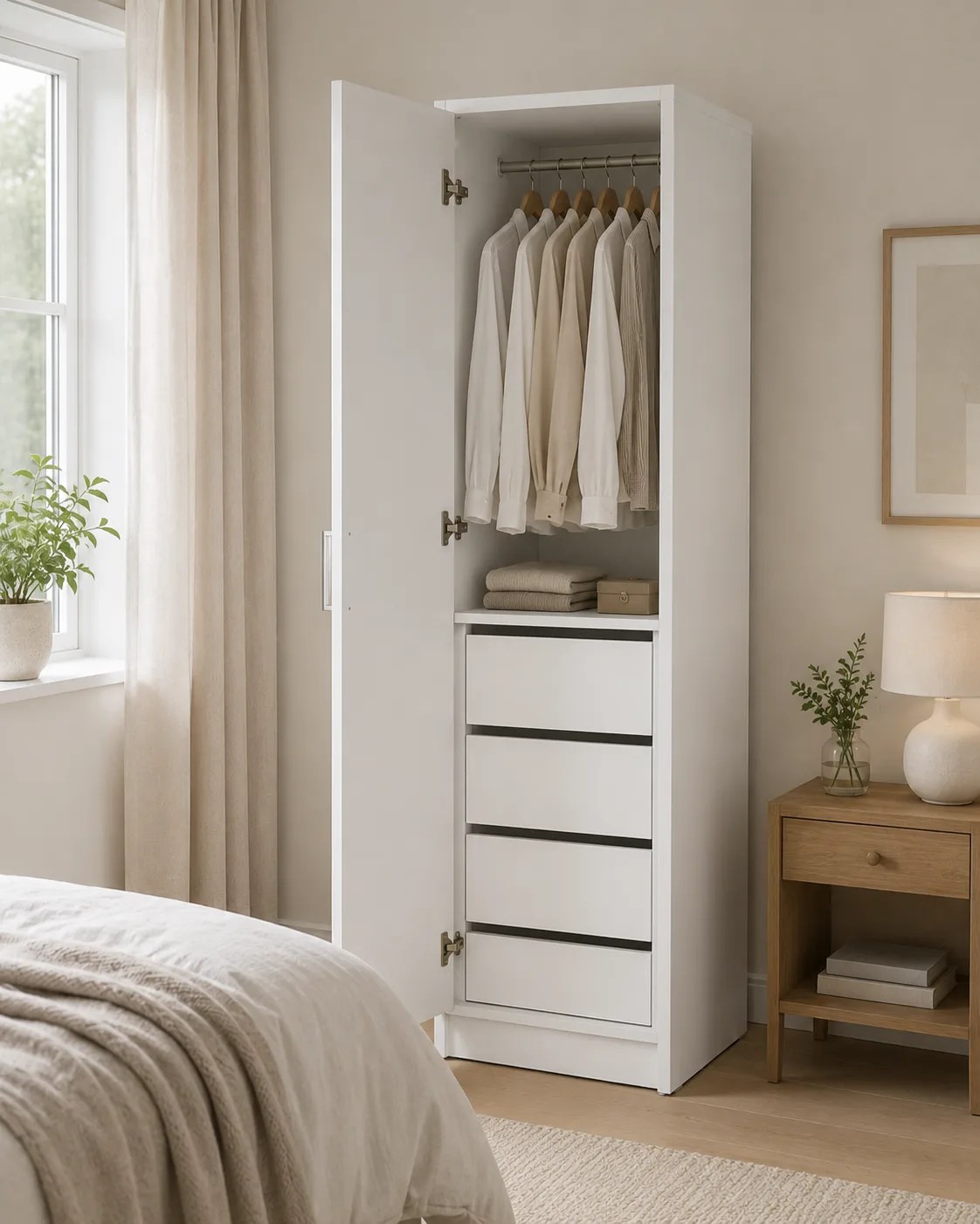 Guarda-Roupa Solteiro Branco 50 cm com 4 Gavetas em MDF