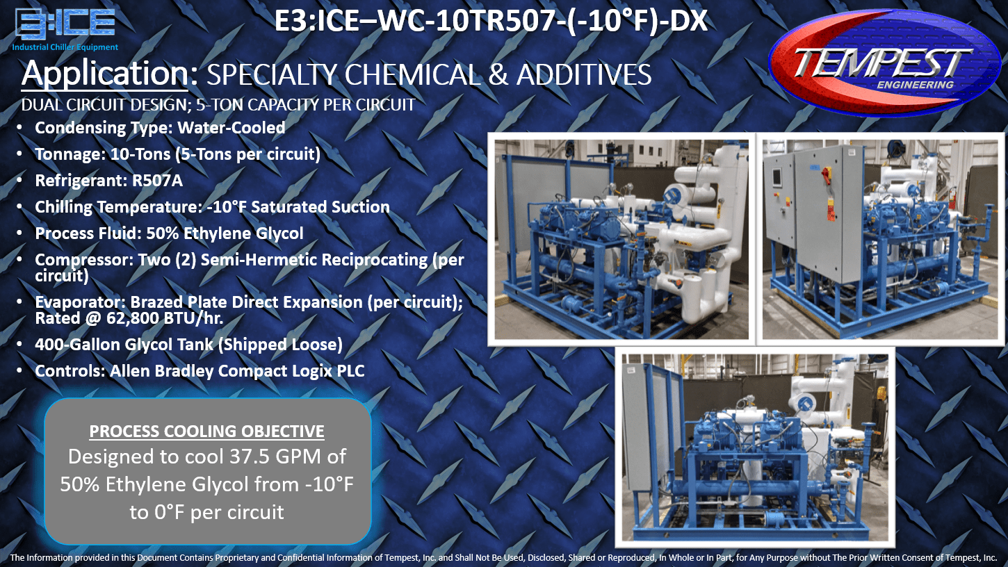 10-Ton Dual Circuit Chiller @ -10F Evaporating for Specialty Chemicals