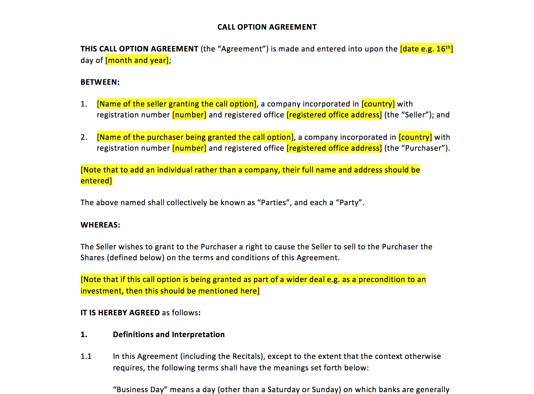Call Option Agreement Template Uk Template Agreements And Sample Contracts