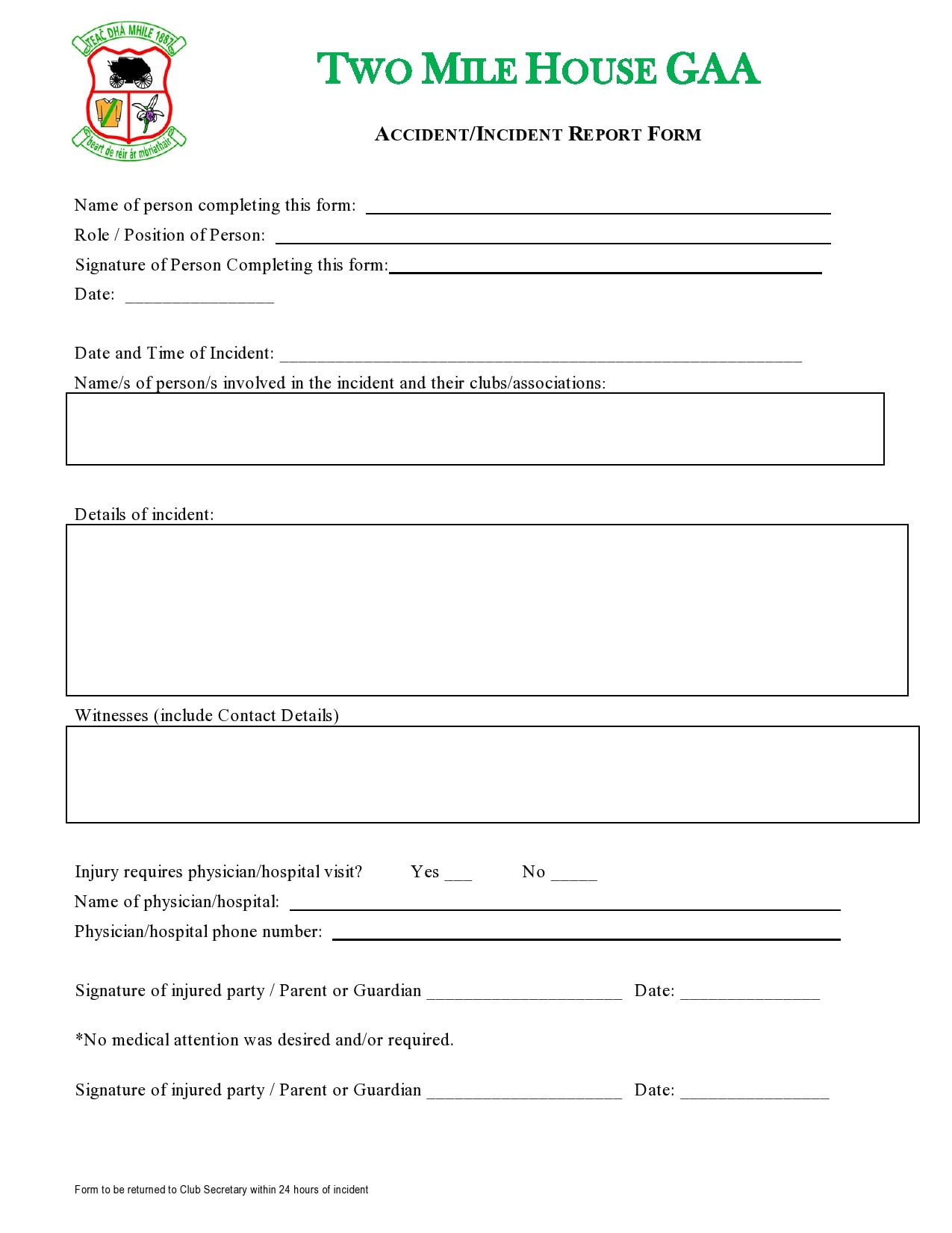 Safety Incident Report Form Template