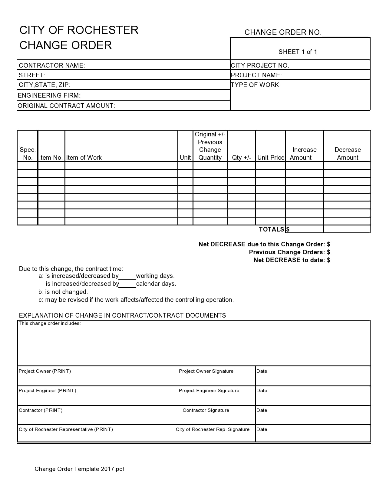 Free Change Order Template Excel