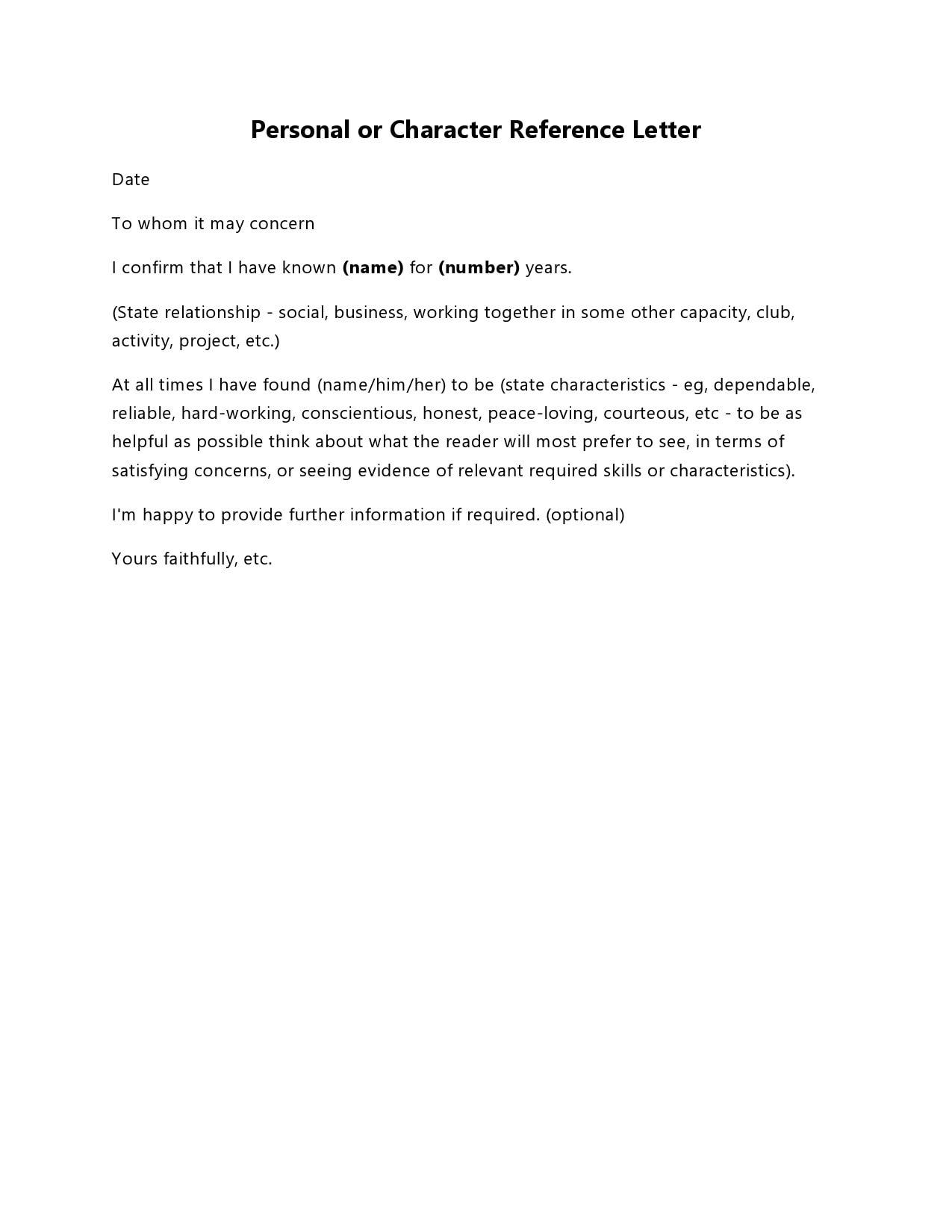 30 Character Reference Letter Templates Templatearchive