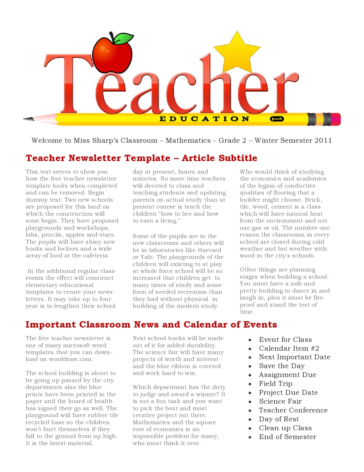 Teacher Newsletter Templates Word