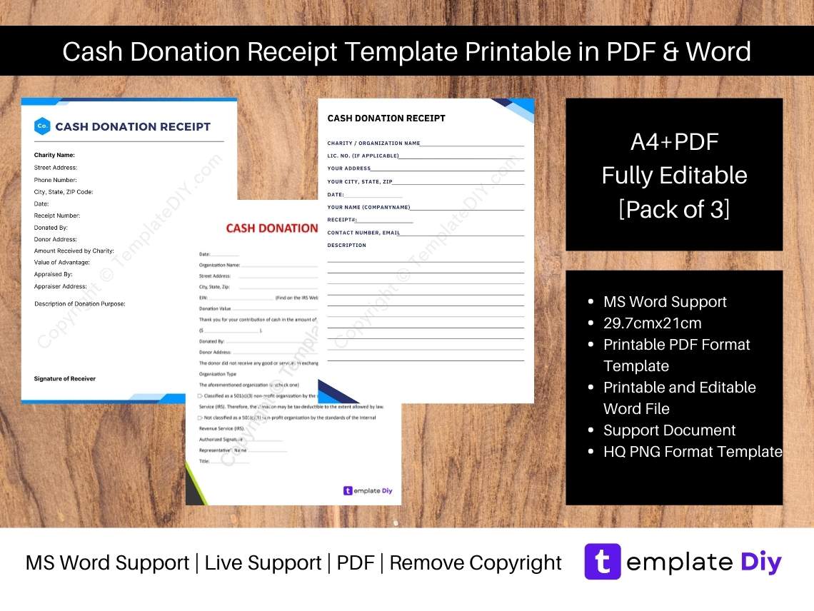 cash donation receipt template printable in pdf word