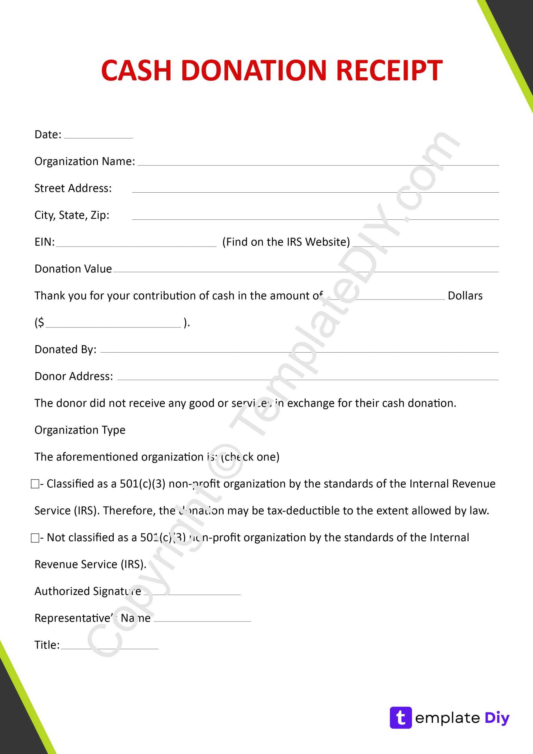 cash donation receipt template printable in pdf word