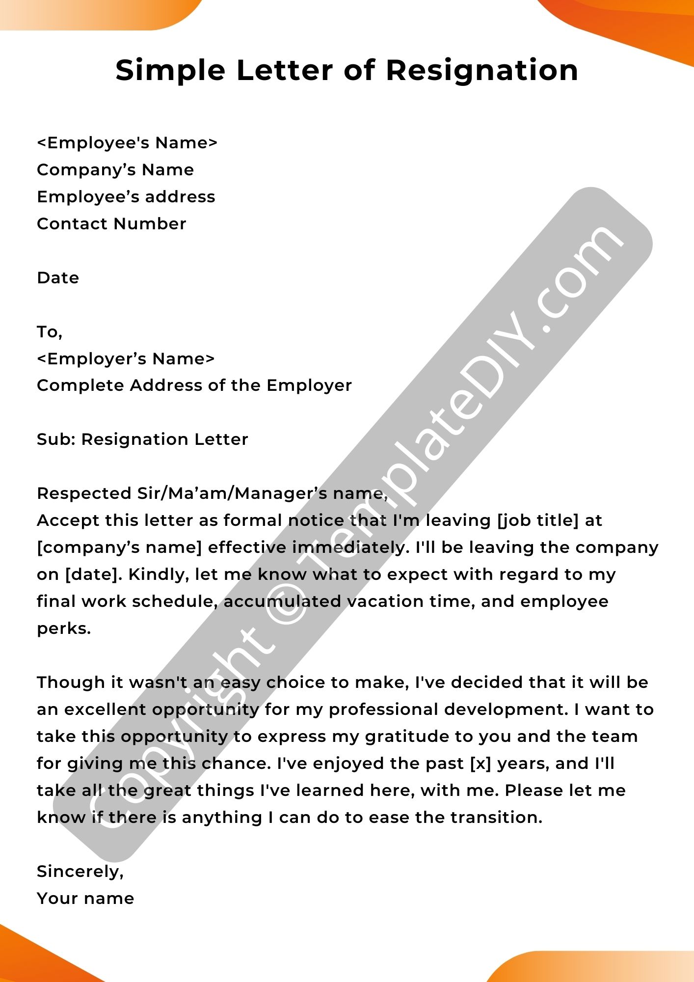 Resignation Letter Sample Word Simple