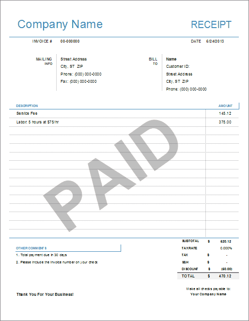 printable receipt template excel for use and different receipt types