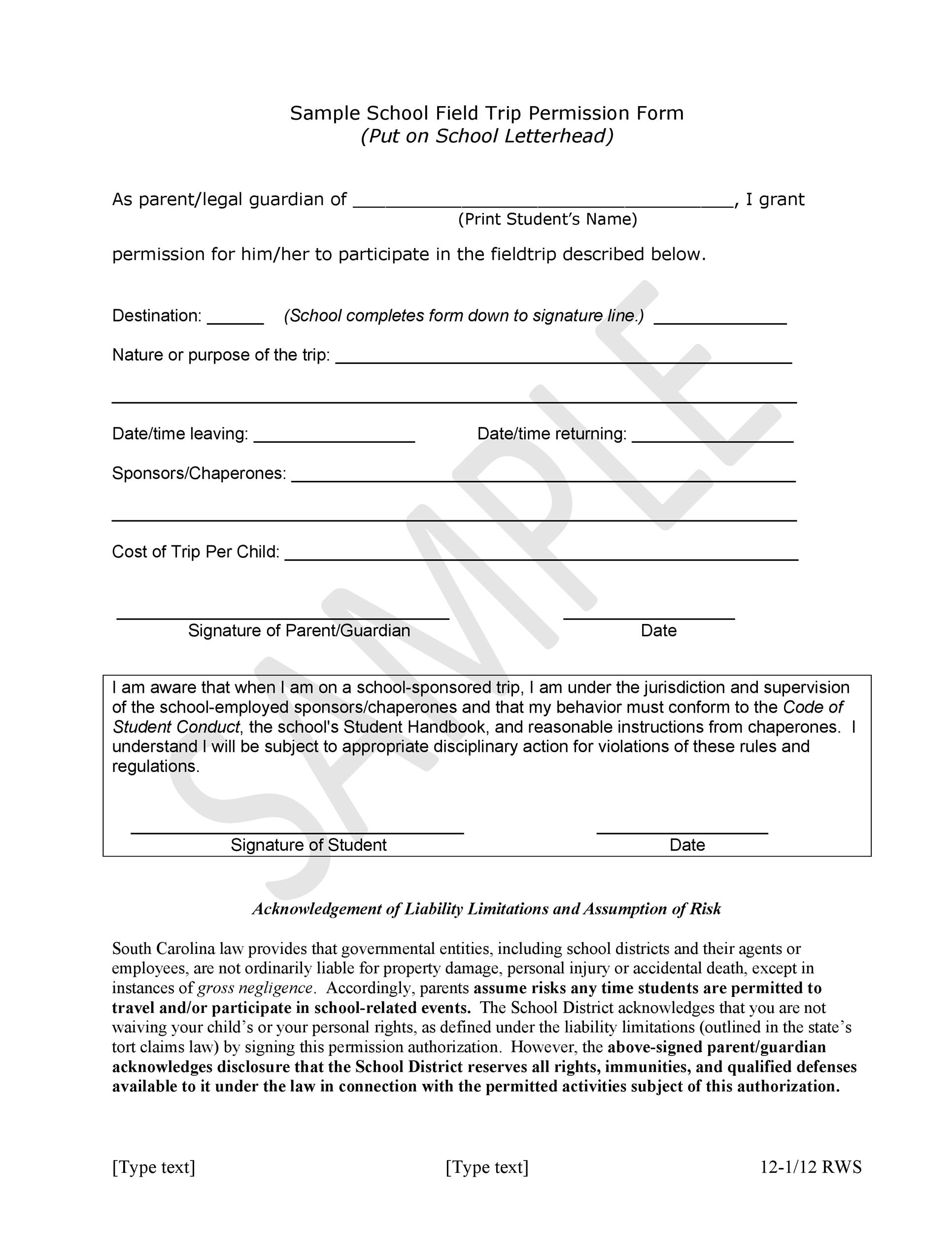 35 Permission Slip Templates Field Trip Forms