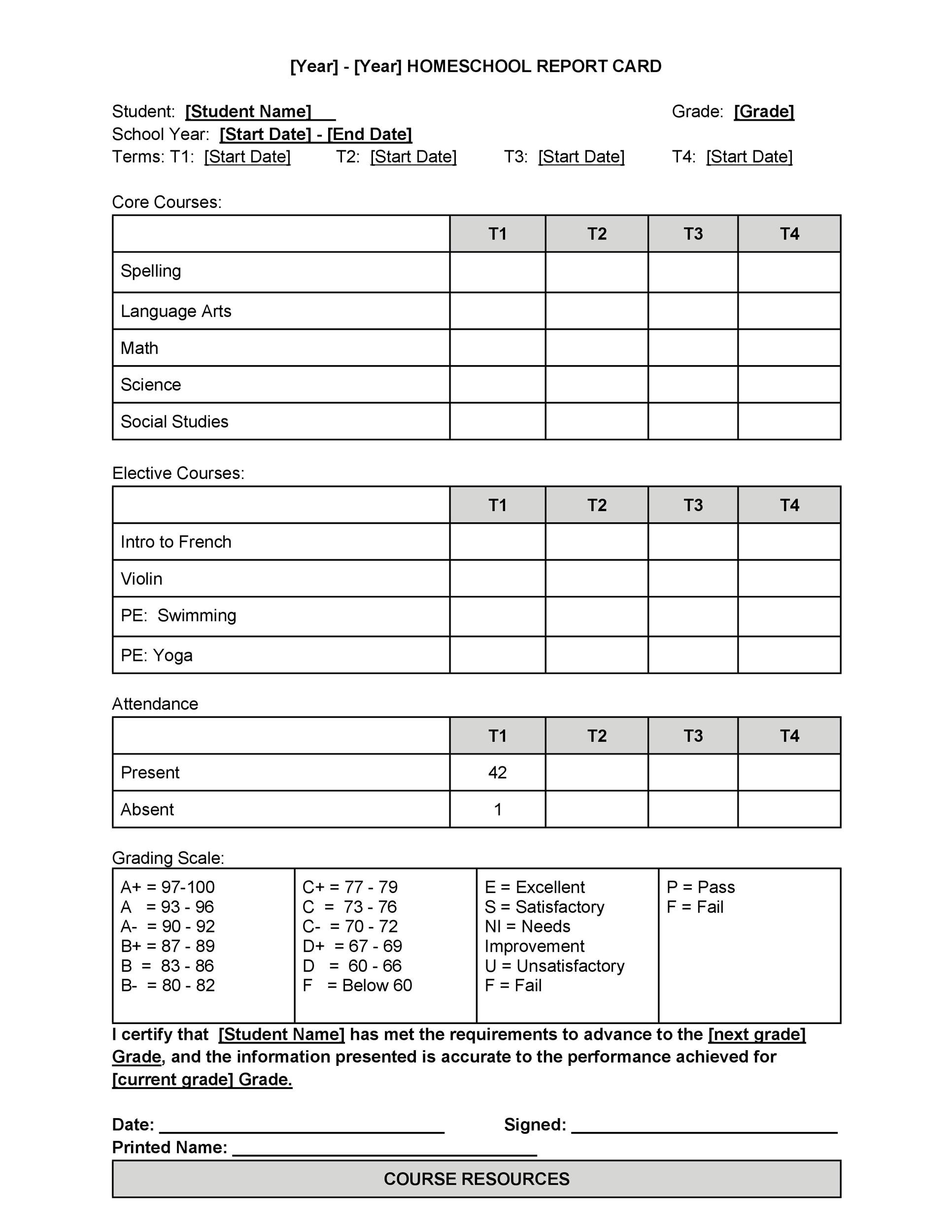 Elementary School Report Card Template