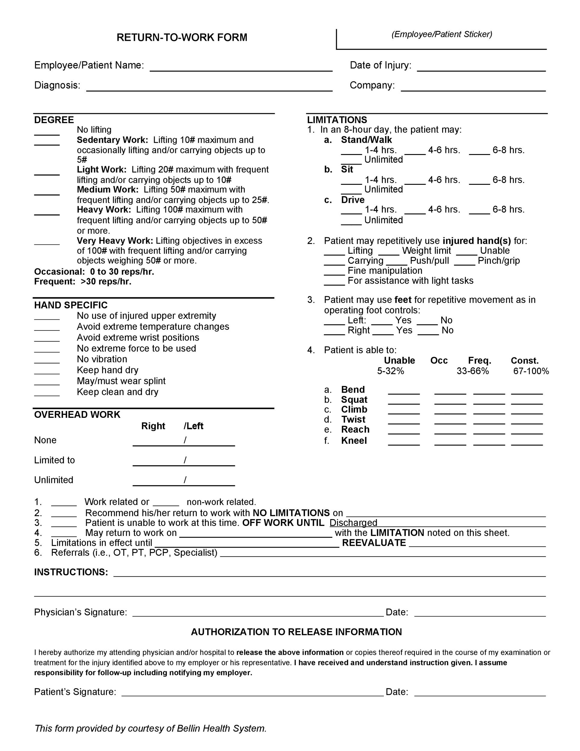 (1) your relationship with your employer, (2) your eligibility for monetary benefits, and (3) your eligibility for medical . 49 Best Return To Work & Work Release Forms á TemplateLab