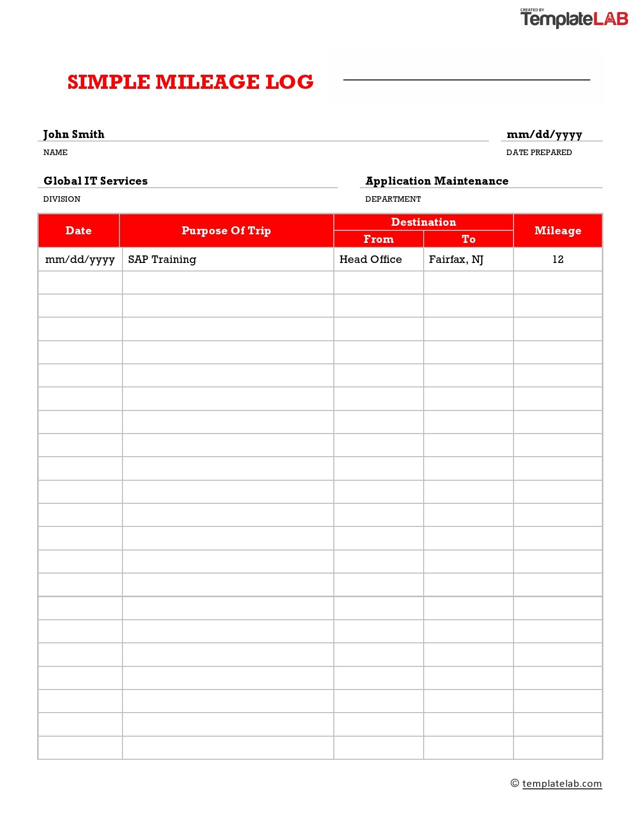 Vehicle Mileage Log Book Template