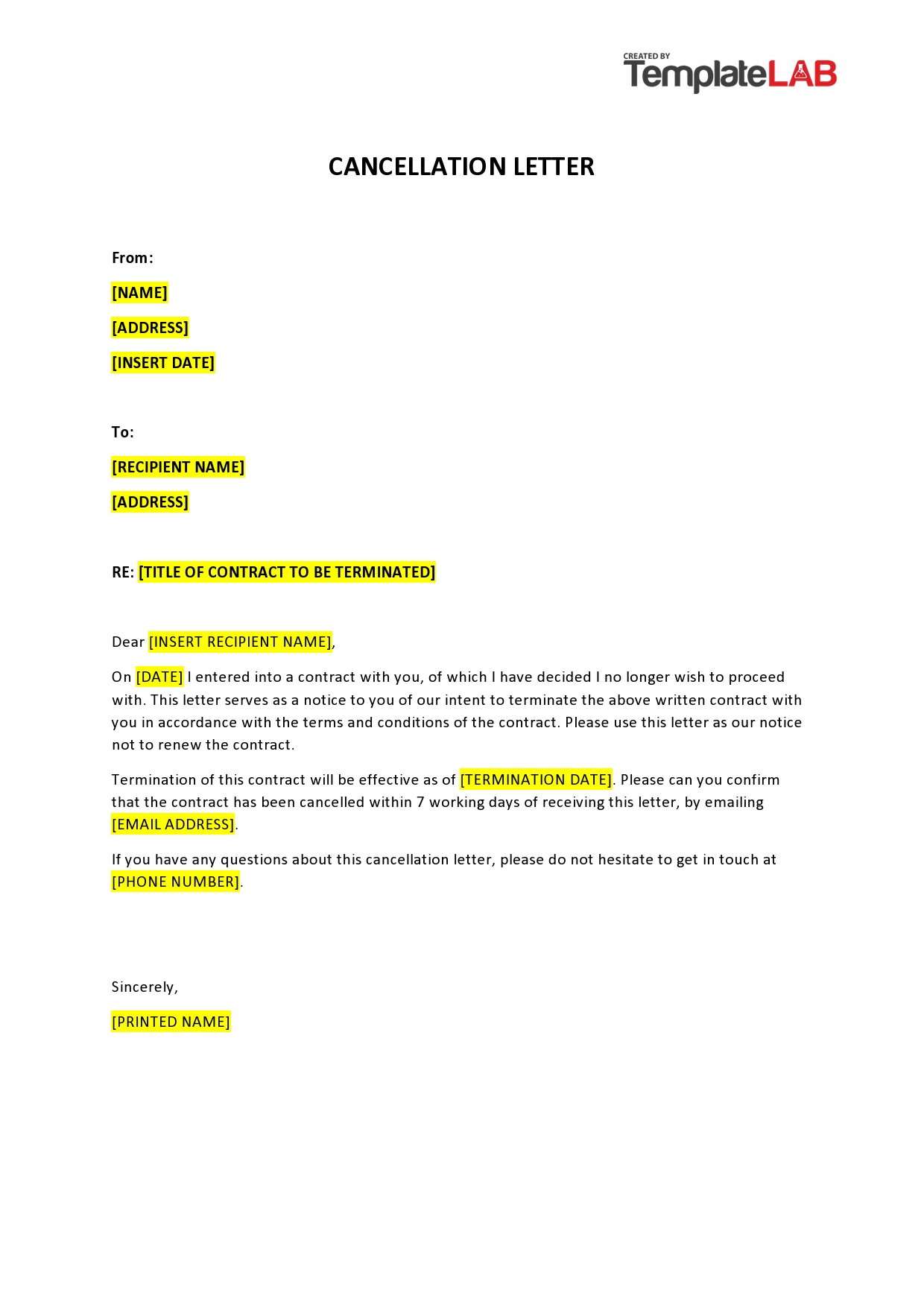 Cancellation of service contract letter template