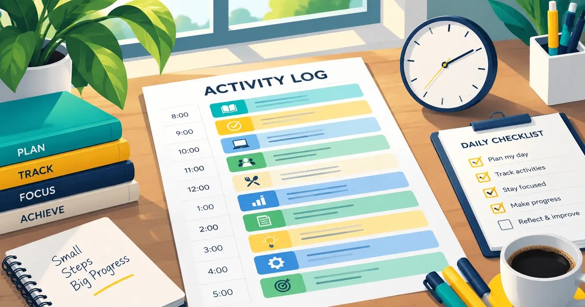 Daily activity log with timeline cards, clock and checklist