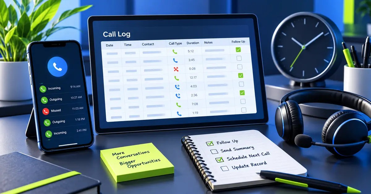 Call log with smartphone, headset, call history and follow-up markers