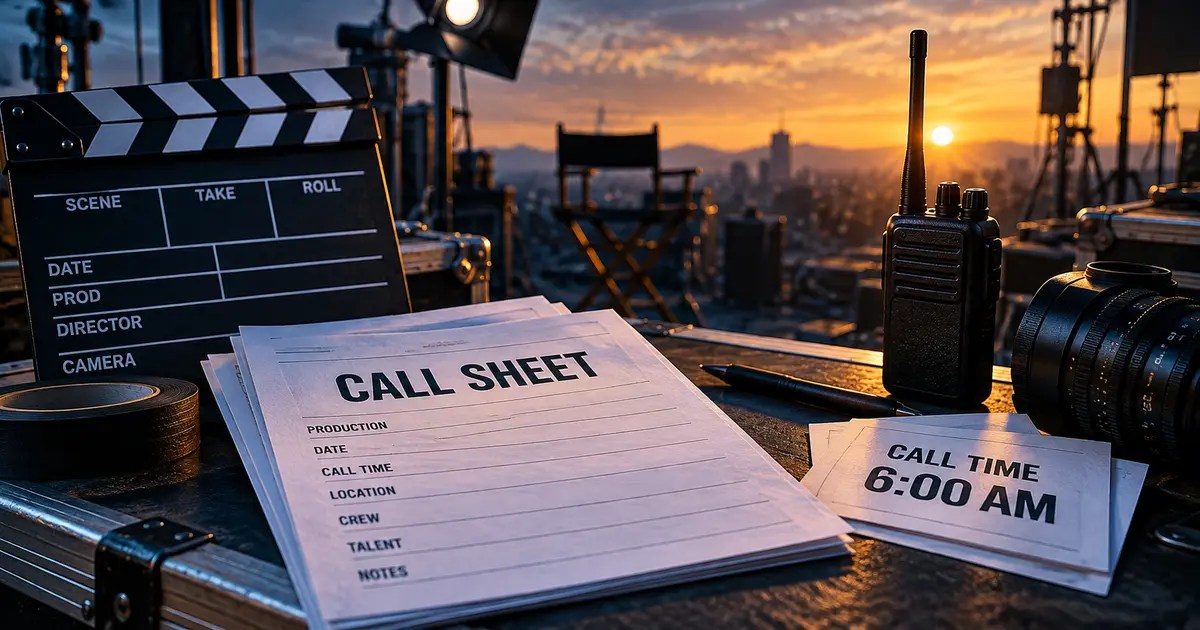 Film production call sheet with clapperboard, camera lens and walkie-talkie