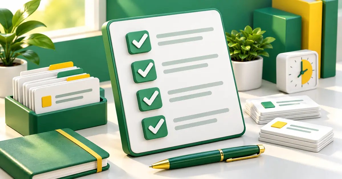 Professional checklist board with check marks and organized task cards